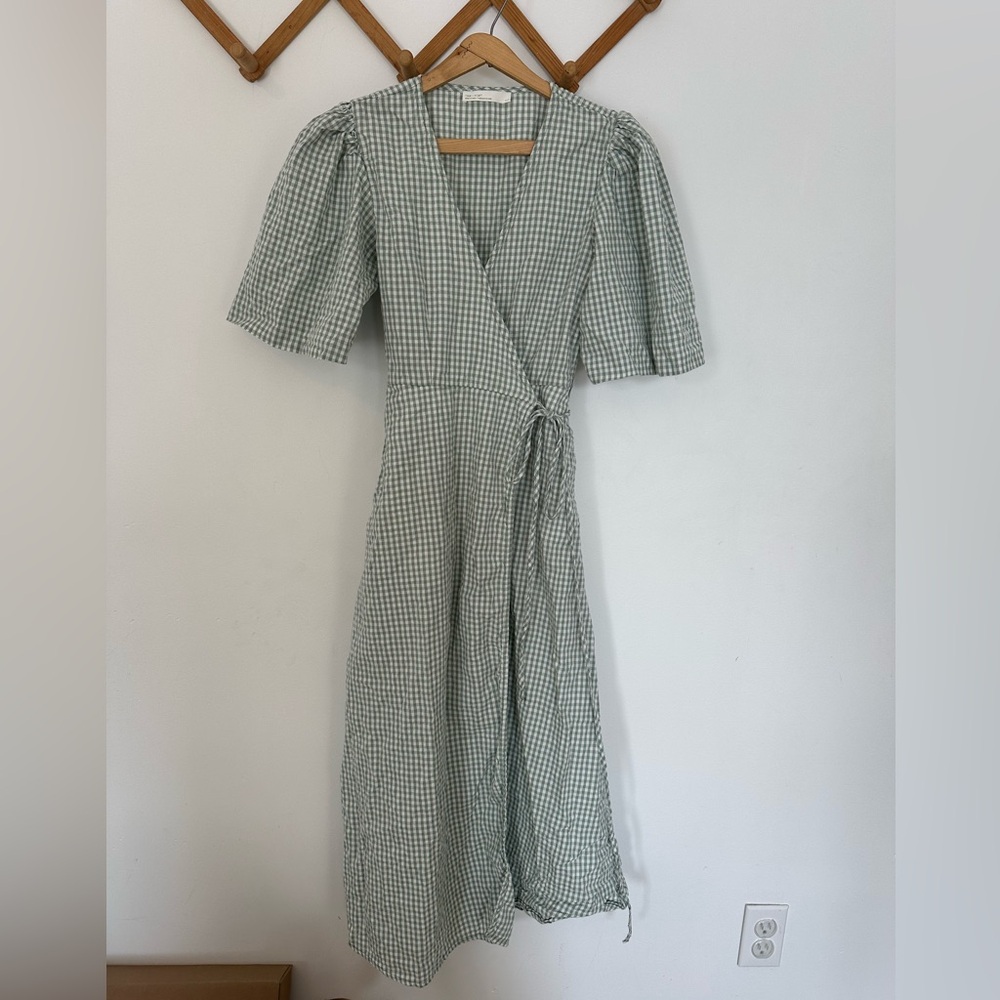 OAK + FORT Green Gingham Wrap Dress